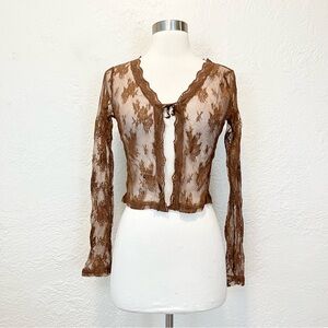 Top Brown Lace Tie Front Split Sheer 90s Y2K Grunge Whimsigoth XS S Shirt
